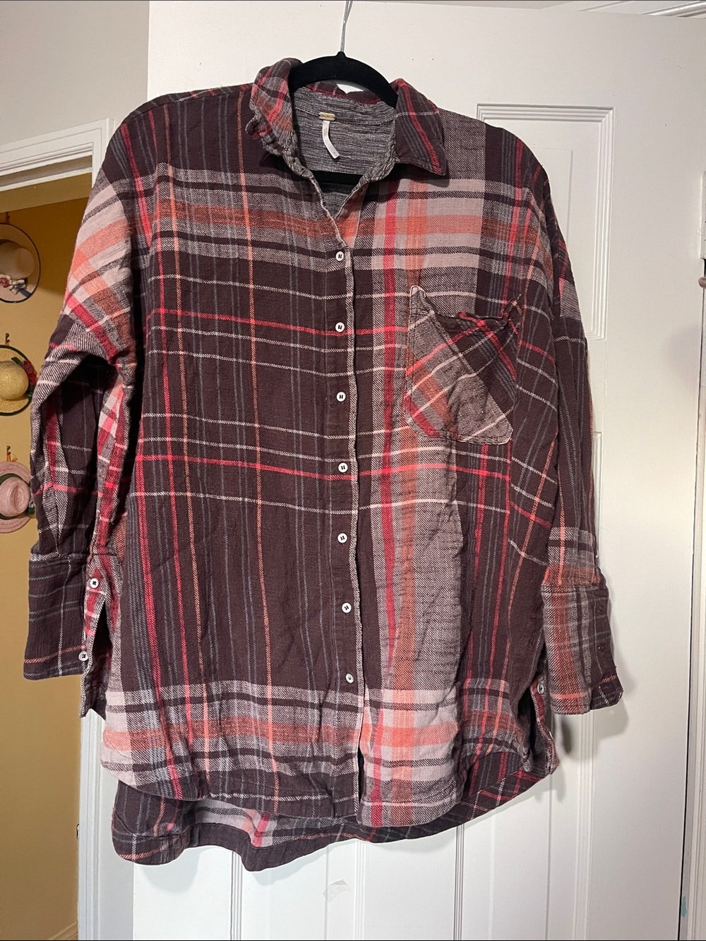 Free People Brown and Red Plaid Button-Down Shirt